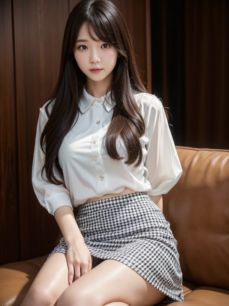 White Office、Mid-length houndstooth skirt 、Sheer blouse、(Highest quality)、((Very detailed))、4K、(8K)、masterpiece、Very detailedな、Highest quality、Super Resolution、1 person、Kind Face、Soft Light、RAW quality、Soft Skin、163cm、30 years old、knees