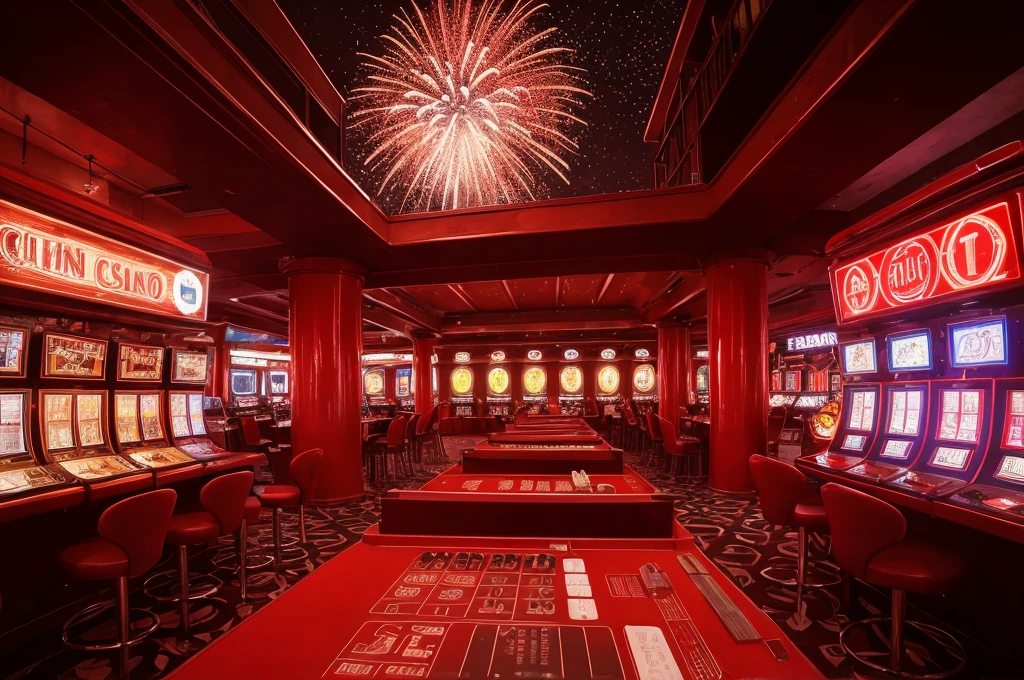red casino, night, downtown, HDR, 4k resolution, firework, modern architecture, slot machine, indoor