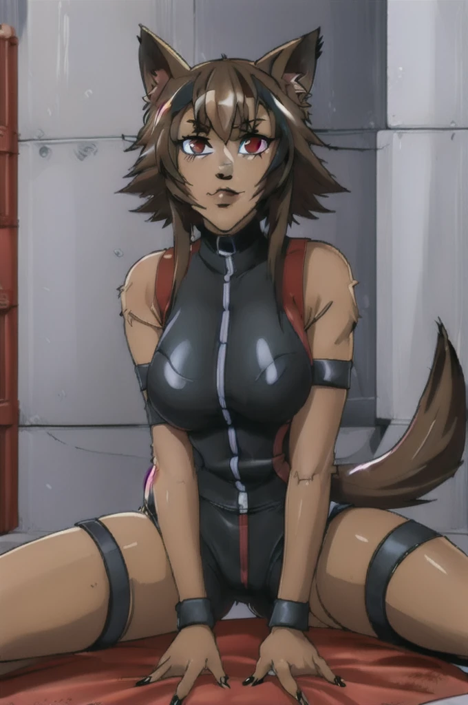 (masterpiece, best quality),  intricate details,
1girl,  raphtalia, animal ears, brown hair, long hair, raccoon ears, raccoon girl, raccoon tail, (red eyes:1.5), tail, 
 latex bikesuit,