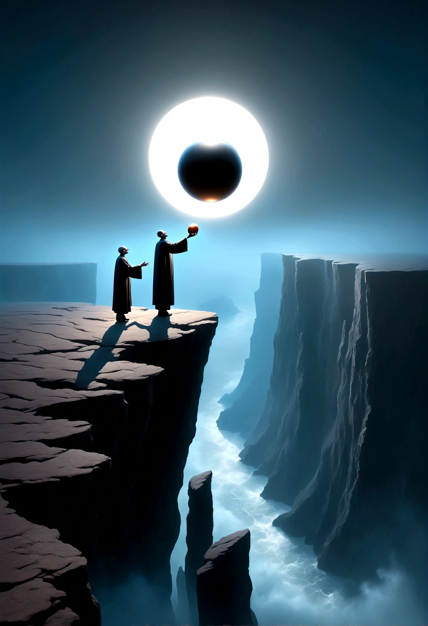 Astrologer standing on the edge of a cliff,Holding a magic ball in hand，Alex Andreev Style - Absurd、Fear、Minimalist Surrealism