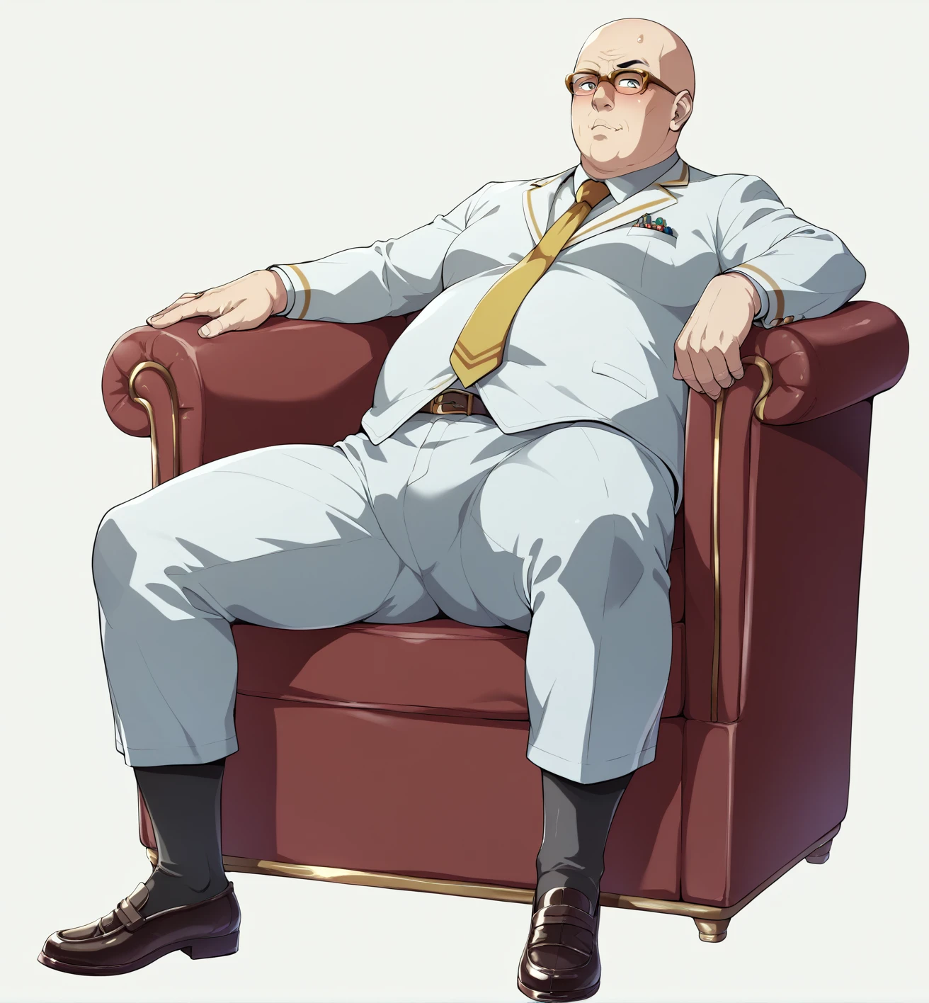 Ultra-detailed illustrations、Ultra-precise expression、masterpiece、Highest quality、ultra High resolution、High resolution、Hiromitsu Takeda Style、White background、Simple Background、sit、whole body、Luxurious sofa、Bulging crotch、Big crotch、White Suit、Black socks、One fat old man、Bald Head、No Face、solo、Leather shoes、Gold tie、