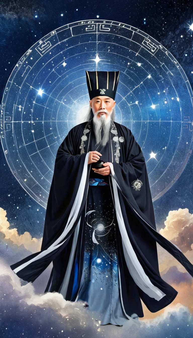 Oriental Fortune Teller,The old immortal on the top of the stars,Elders,White beard and long white eyebrows,(Wear an official hat,Kongming Hat),Black loose hanfu robe,Looking at the stars,Galaxy Tai Chi Bagua Diagram,artistic conception,large quantities of,Runes,Luminescence,Dream