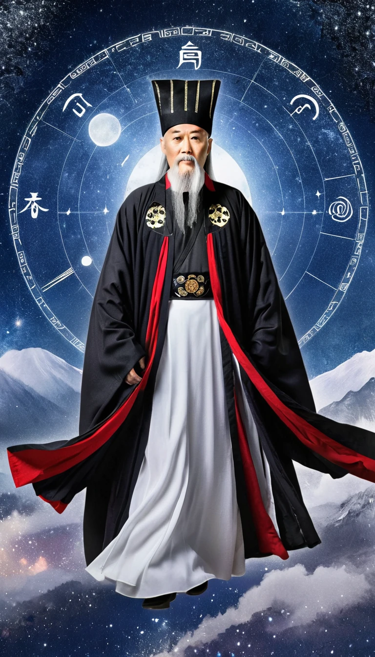Oriental Fortune Teller，The old immortal on the top of the stars，Elders，White beard and long white eyebrows，（Wear an official hat，Kongming Hat），Black loose hanfu robe，Looking at the stars，Galaxy Tai Chi Bagua Diagram，artistic conception，large quantities of，Runes，Luminescence，Dream
