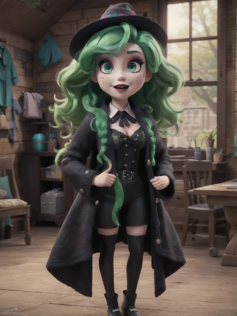 Ultra detailed, hole body, midnight, clothes details, fashion, goth, makeup, lattin drag queen, hole body, witch, long green hair, dark clothing, forest