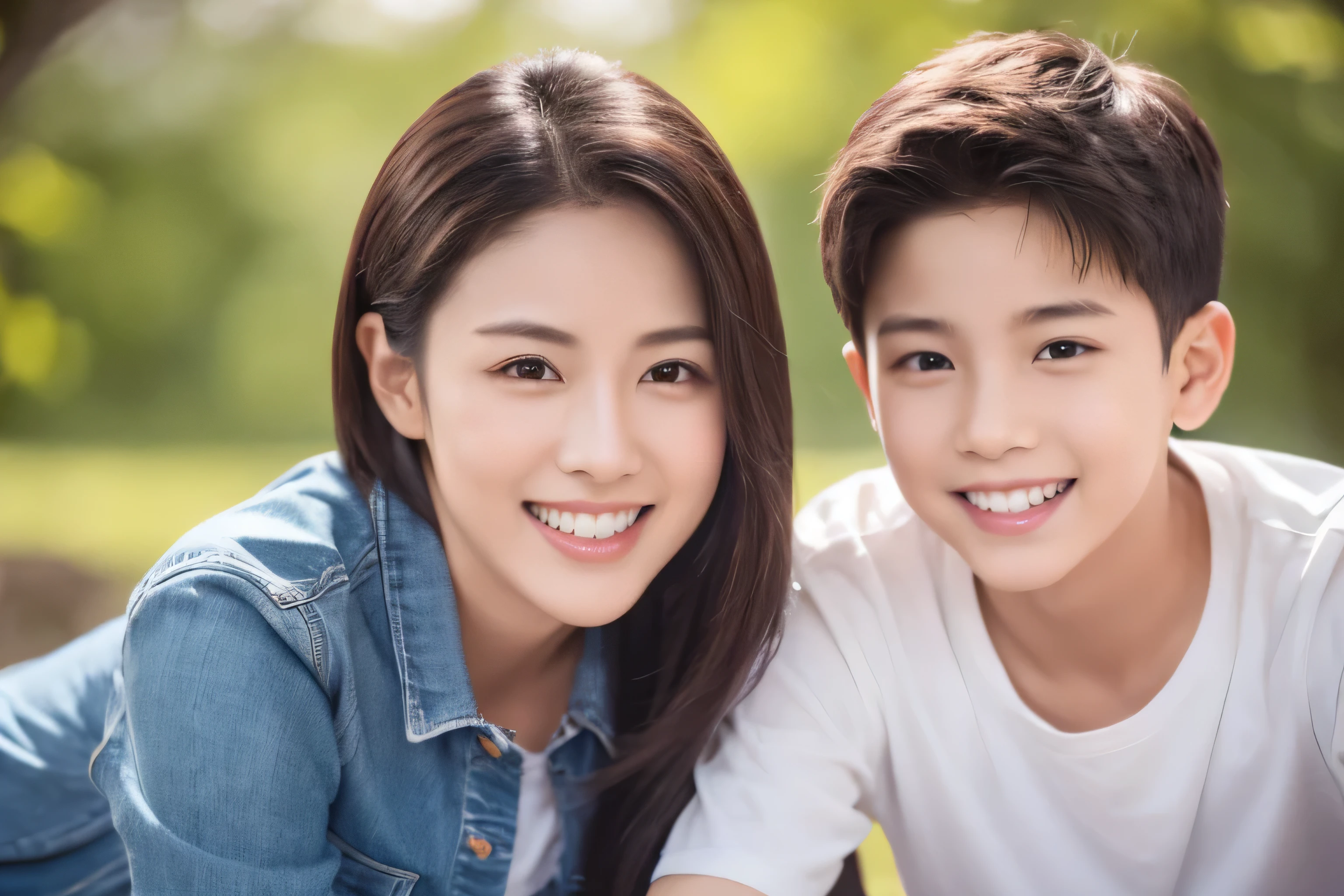 Beautiful mother and son together，juvenile，teeth white and neat，Pay attention to detail，High-quality graphics。8K