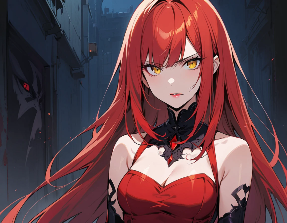 Long red hair, yellow eyes, evil, sexy, black and red clothes, cute hairstyle, evil face, evil, serious look, gloss lips, sinister, front look, bloody, gloves, (((half-body portrait))), beautiful eyes, short dress, big white, dark place, night, sensual, straight hair cut, clear skin, evil, young 30 years girl, adult girl, solo, red, very long hair, (((Older mature woman)))