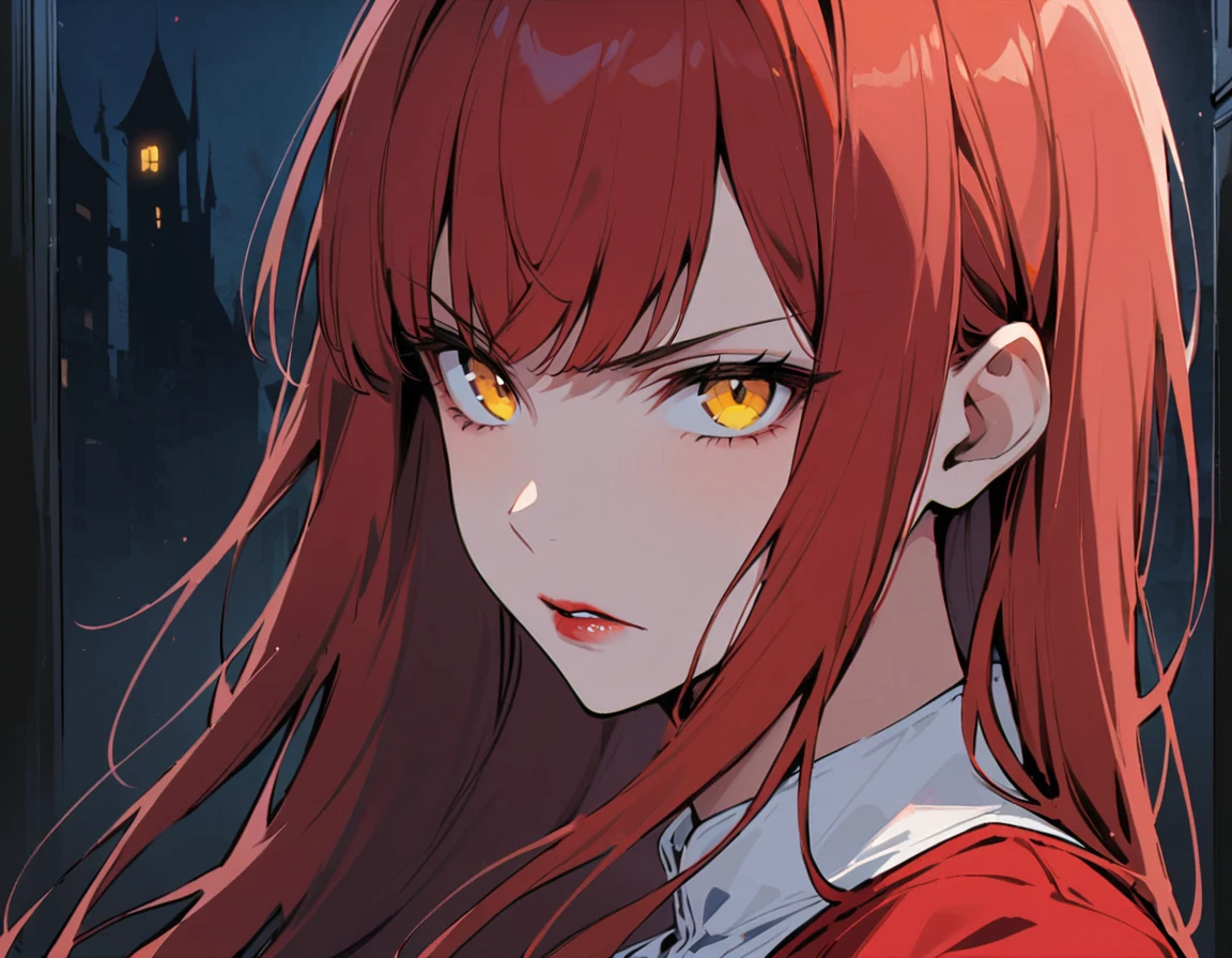 Long red hair, yellow eyes, evil, sexy, black and red clothes, cute hairstyle, evil face, evil, serious look, gloss lips, sinister, front look, bloody, gloves, (((half-body portrait))), beautiful eyes, short dress, big white, dark place, night, sensual, straight hair cut, clear skin, evil, young 30 years girl, adult girl, solo, red, very long hair, (((Older mature woman)))