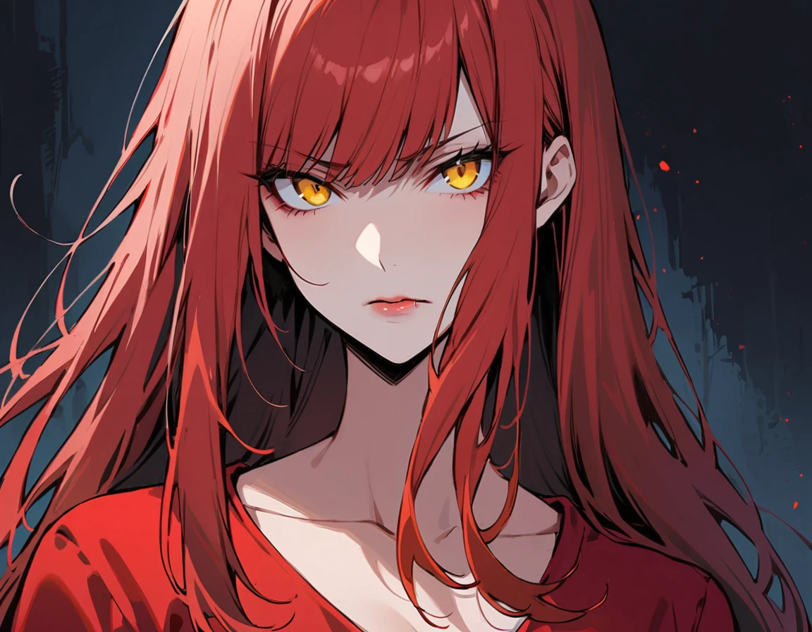 Long red hair, yellow eyes, evil, sexy, black and red clothes, cute hairstyle, evil face, evil, serious look, gloss lips, sinister, front look, bloody, gloves, (((half-body portrait))), beautiful eyes, short dress, big white, dark place, night, sensual, straight hair cut, clear skin, evil, young 30 years girl, adult girl, solo, red, very long hair, (((Older mature woman)))