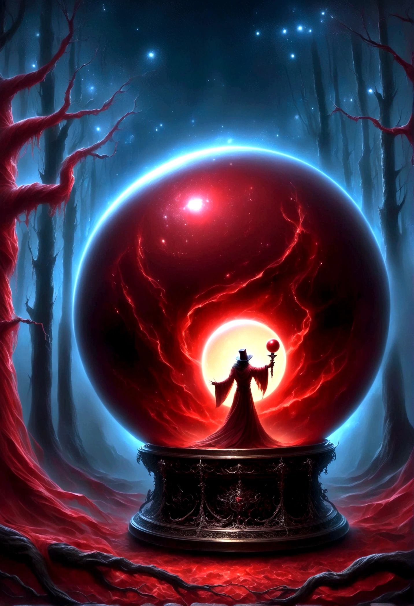 Astrologer,手里拿着一颗Magic Ball，(Magic Ball:1.5),Alex Andreev Style - Absurd、Fear、极简超现实主义Red forest, 在森林里握Magic Ball, 发光的Magic Ball(Red),dark fantasy style art, Dark Fantasy Artwork, arte de fantasia 8k, dark fantasy style, fantasy art 4k, Epic fantasy art style HD, Dark Fantasy Art, Dark fantasy concept art, Epic fantasy digital art style, in style of Dark Fantasy Art, Glowing sword in hand