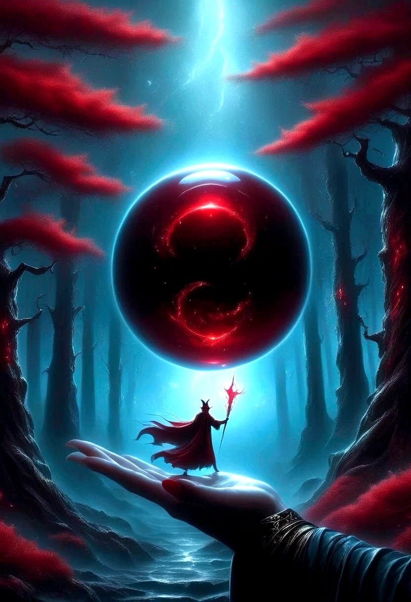 Astrologer,手里拿着一颗Magic Ball，(Magic Ball:1.5),Alex Andreev Style - Absurd、Fear、极简超现实主义Red forest, 在森林里握Magic Ball, 发光的Magic Ball(Red),dark fantasy style art, Dark Fantasy Artwork, arte de fantasia 8k, dark fantasy style, fantasy art 4k, Epic fantasy art style HD, Dark Fantasy Art, Dark fantasy concept art, Epic fantasy digital art style, in style of Dark Fantasy Art, Glowing sword in hand