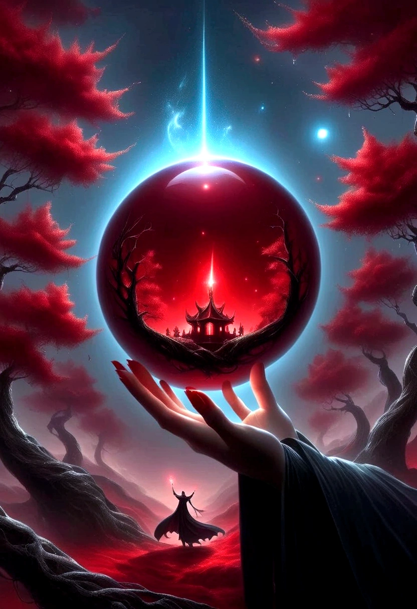 Astrologer,手里拿着一颗Magic Ball，(Magic Ball:1.5),Alex Andreev Style - Absurd、Fear、极简超现实主义Red forest, 在森林里握Magic Ball, 发光的Magic Ball(Red),dark fantasy style art, Dark Fantasy Artwork, arte de fantasia 8k, dark fantasy style, fantasy art 4k, Epic fantasy art style HD, Dark Fantasy Art, Dark fantasy concept art, Epic fantasy digital art style, in style of Dark Fantasy Art, Glowing sword in hand