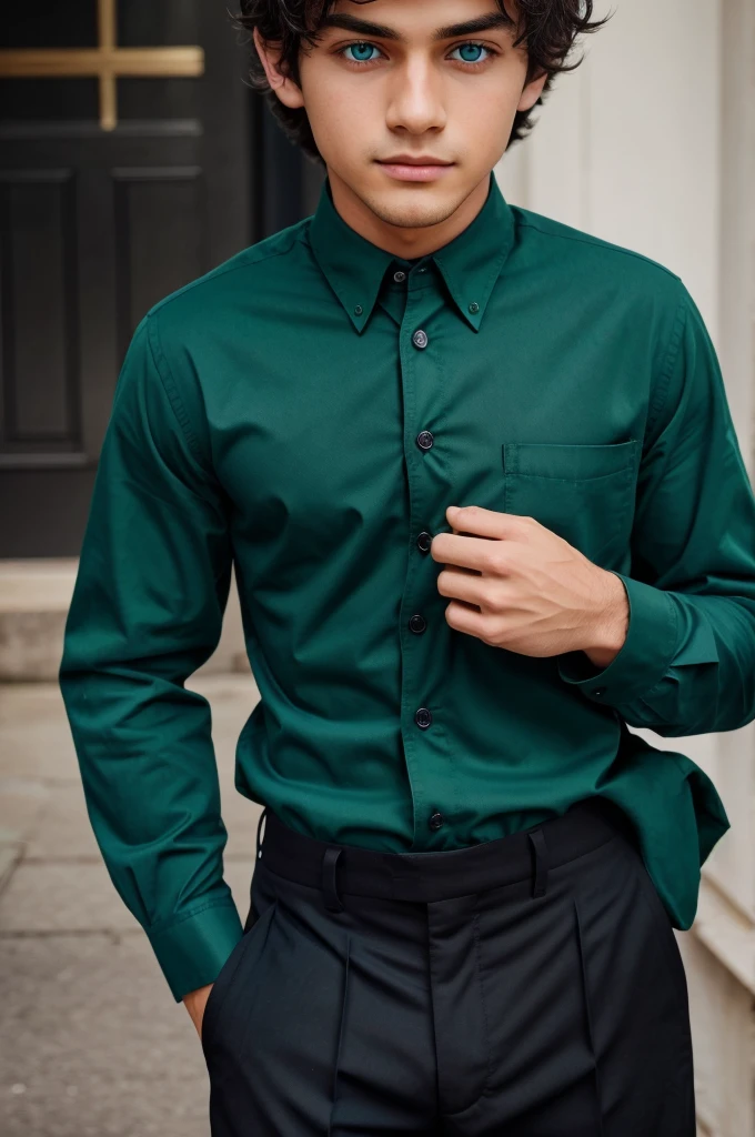 A close up of cute boy having blue eye and green shirt and black trouser esthetic pose to pic