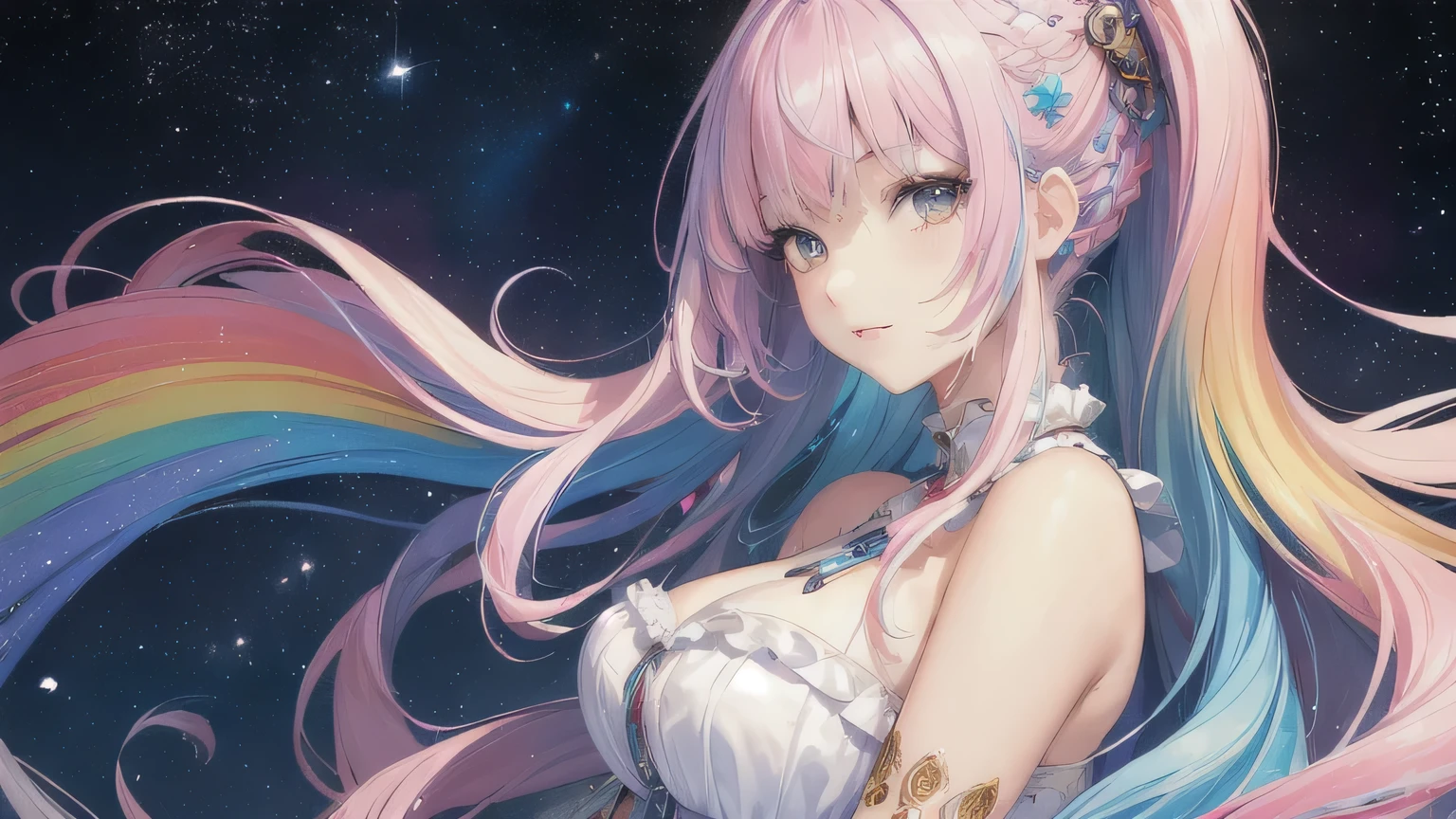 (masterpiece, Highest quality, Highest quality,watercolor (Moderate),Official Art, beautifully、beautiful:1.2),(One Girl:1.3), (Fractal Art:1.3),Upper Body, From the side, View your audience,pattern,(Rainbow Hair,colorful hair,Half blue、Half pink hair:1.2),water,liquid, cloud,colorful, Starry Sky,performer,Large Breasts