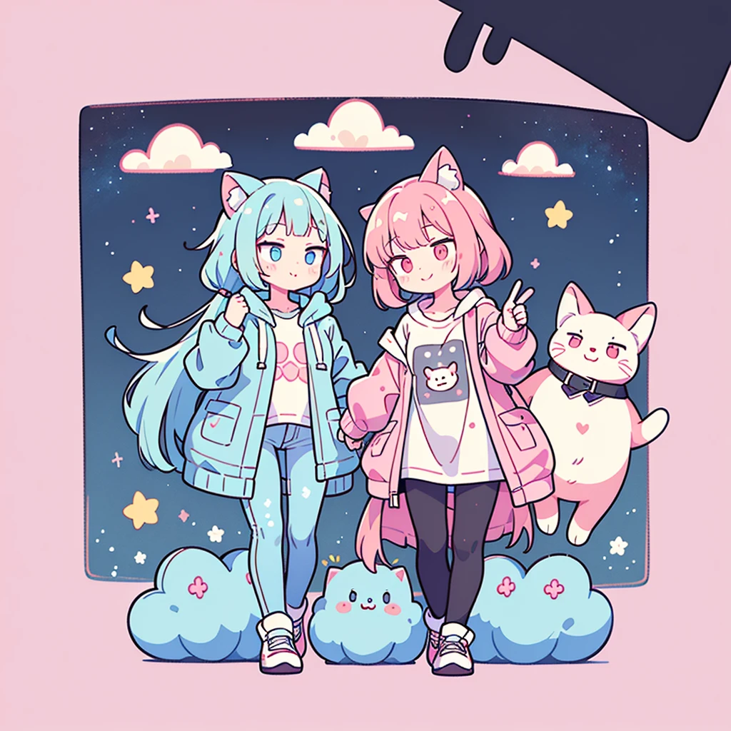 (Highest quality,masterpiece,Extremely complex and exquisite details),(Only a woman with gray-blue cat-eared hair is standing,Gray blue super long straight hair,Curly hair at the ends,Super thin air bangs,Gray pink T-shirt and denim hooded short jacket,Black and gray long cargo pants,pink and white sneakers,Smile slightly,Surrounded by tons of cute short-legged cats,Correct anatomy),light tone,Super Q cute 3D wireless painting style,Starry sky background vertical painting space scene