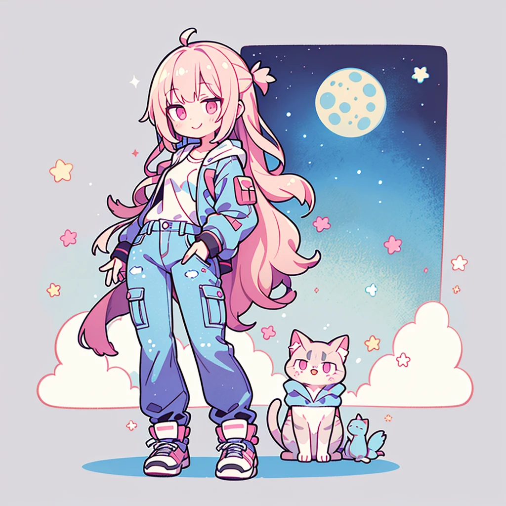 (Highest quality，masterpiece，Extremely complex and exquisite details)，(Only a woman with gray-blue cat-eared hair is standing，Gray blue super long straight hair，Curly hair at the ends，Super thin air bangs，Gray pink T-shirt and denim hooded short jacket，Black and gray long cargo pants，pink and white sneakers，Smile slightly，Surrounded by tons of cute short-legged cats，Correct anatomy)，light tone，Super Q cute 3D wireless painting style，Starry sky background vertical painting space scene