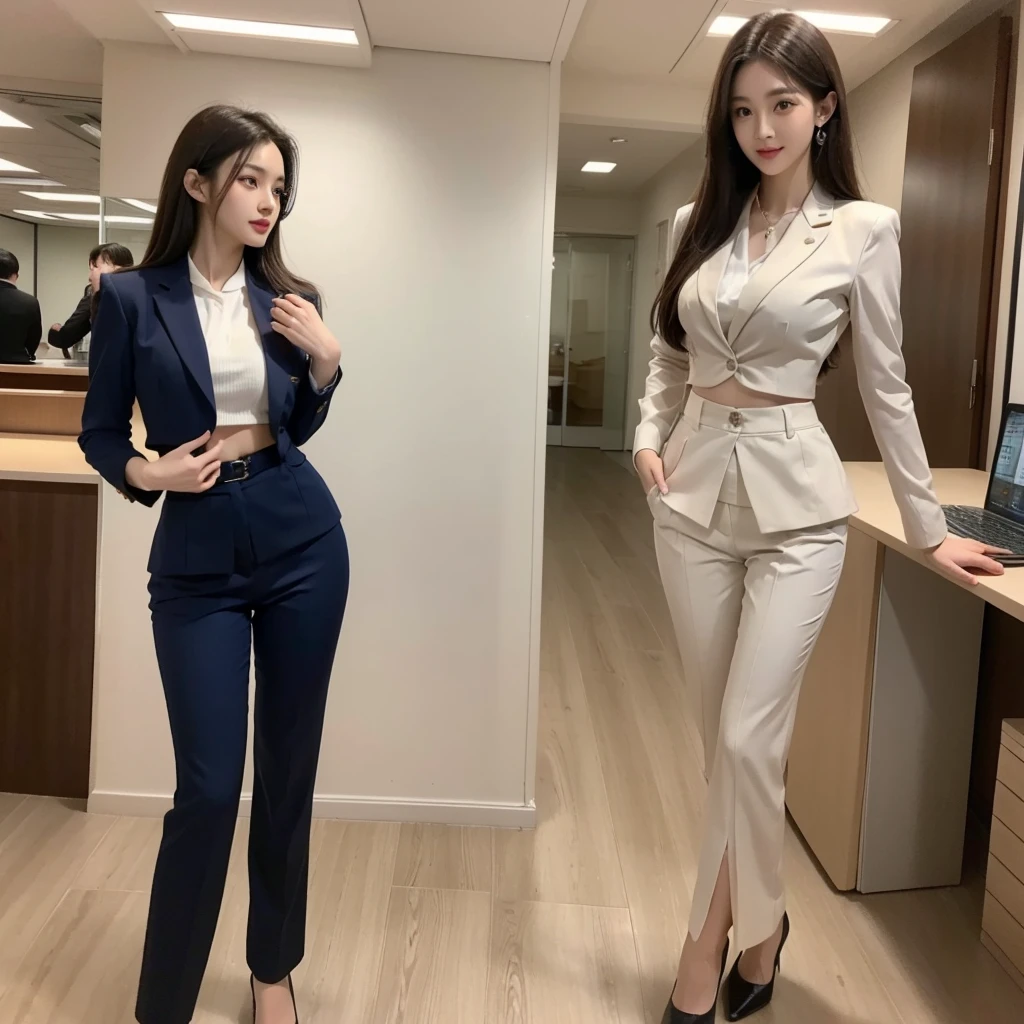 Beauty、BeautyOL、Detailed face、Realistic、beautiful girl、Beauty、Office Lady Uniform、beauty、Beautiful woman、Show off a slim waist、Handsome woman、Pants look、suit、Belly button