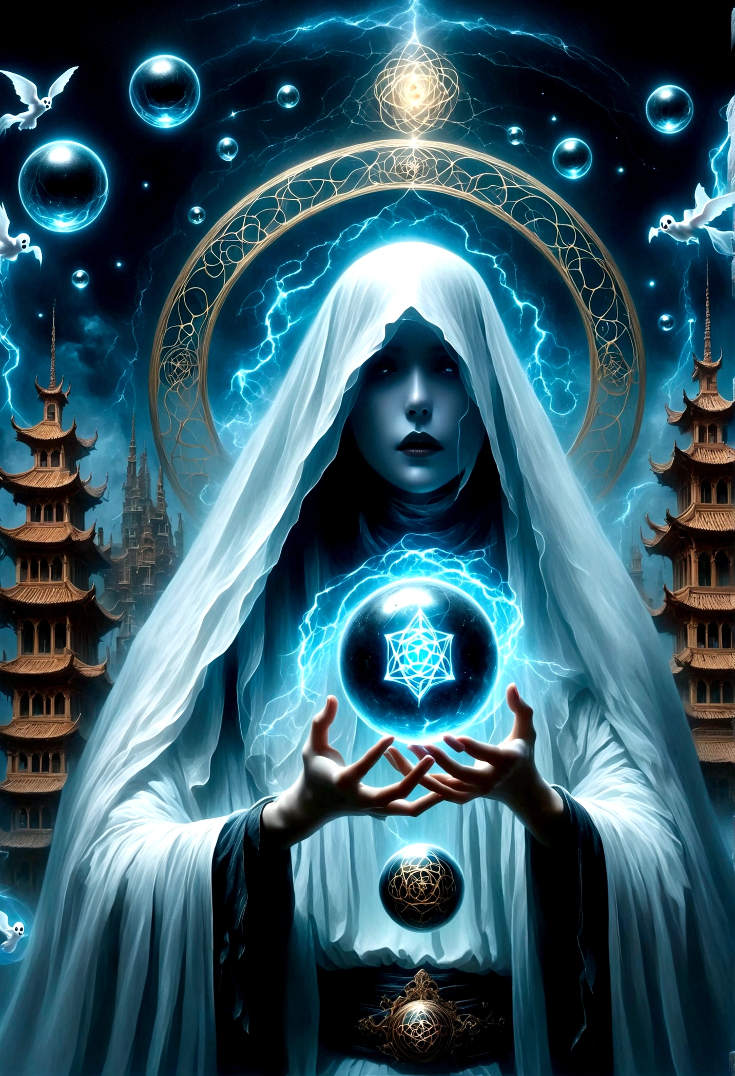 Magic Dream Castle, Sacred geometry, Be focused, (Floating Ghost Mage, Holding a magic ball in hand:1.5)，Heaven and earth collapsed, Mobius strip, Black Hole, Lots of meteorites floating, Combination Magic Circle, call, Transformation of matter and immateriality, Who Dick, and other complex ritual combinations , Mike Winkelmann style的超现实数字艺术, 罗尔夫·阿姆斯特朗style: Fractal, Alberto Vargas, 和 H&#39;style.R. liver. liver,Magical Realism,classical realism,Surrealism,imagination,Science fiction,From another realm,impossible,Visual exaggeration,Post-cyberpunk,Nano punk,Atomic Punch,collect,Circuit,lightpainting,白羊seat,♈︎,金牛seat,♉︎,双子seat. ♊︎,cancer,♋︎,天蝎seat,♏︎,天秤seat,♎︎,seat,♍︎,狮子seat,♌︎,射手seat,♐︎. 摩羯seat,♑︎,水瓶seat,♒︎,双鱼seat,♓︎,Unreal Engine,Octane RendeRing,V-Ray,High Detail,high quality,high resolution,Surrealism,16K,Ultra wide angle,High Angle Shot,,Bioluminescence,