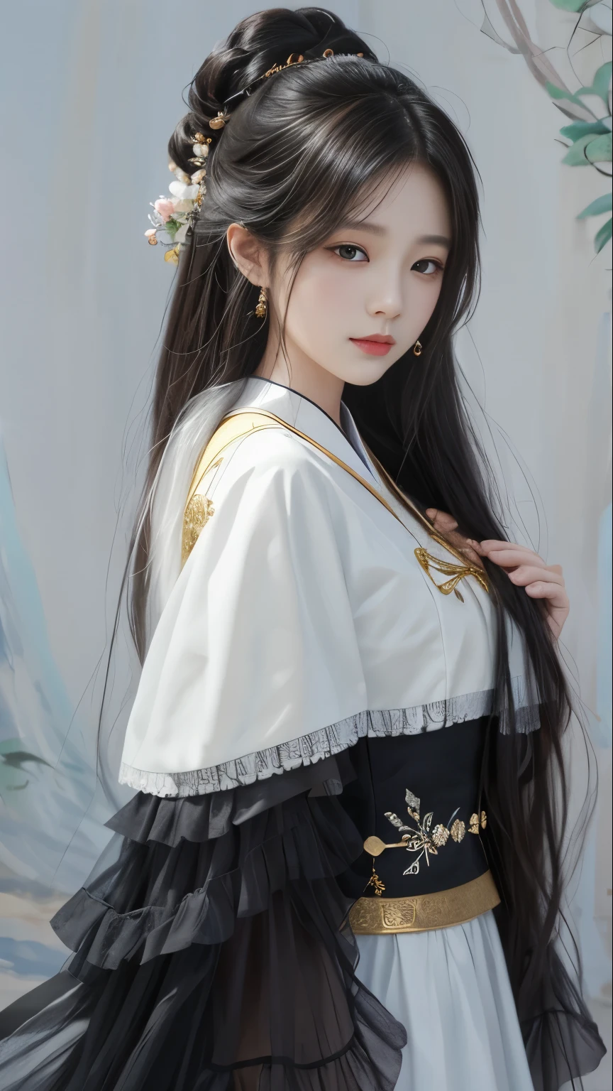 A painting，The painting shows a woman with long hair wearing a white dress, Beautiful character painting, Gu Weiss, artwork in the style of Gu Weiss, author：Yang J, author：Fan Qi, author：Zhang Han, author曾静, by Zhou Wenjing, Gu Weiss masterpiece, author：Li Song, Beautiful anime portrait, author：Ye Xin, author：Song Xu