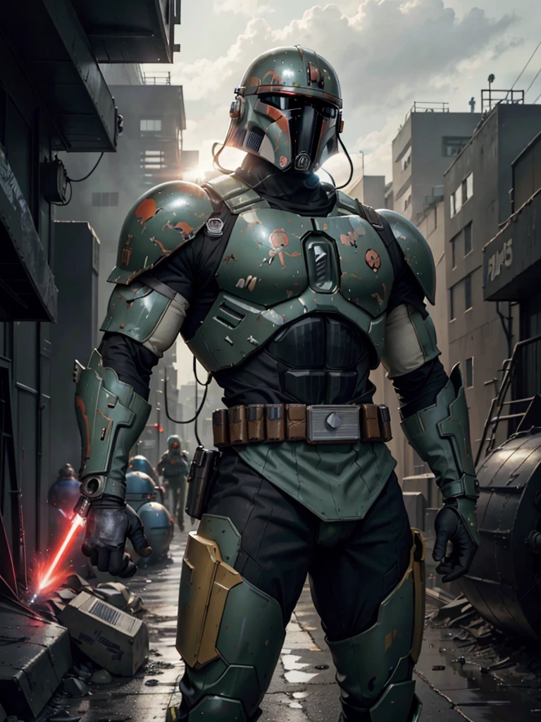 アニメ, adult large Bounty Hunter Supreme serious muscular tall strong. Dressed in full armor with technological helmet. style similar to Boba Fett (Star Wars), but with a different helmet. black technology with red energy. Red Plasma Waistband Electrical Equipment Vests. beautiful villain, masculine. 8k background: You are flying with a Jatpack of thrusters over a night city at war below.