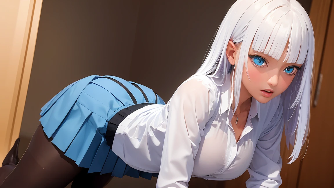 liliana 1girl, solo, long hair, looking at viewer, bangs, blue eyes, white hair, dark skin, blunt bangs, dark-skinned female,
BREAK ((collared shirt, (white shirt:1.2), long sleeves, pleated skirt, blue skirt, black pantyhose:1.5))
BREAK kneeling,indoors,implied fingering,fingering,hand under clothes,breast grab,pussy juice,heart,motion blur,panting,saliva,sound effects,
BREAK (masterpiece:1.2), best quality, high resolution, unity 8k wallpaper, (illustration:0.8), (beautiful detailed eyes:1.6), extremely detailed face, perfect lighting, extremely detailed CG, (perfect hands, perfect anatomy),