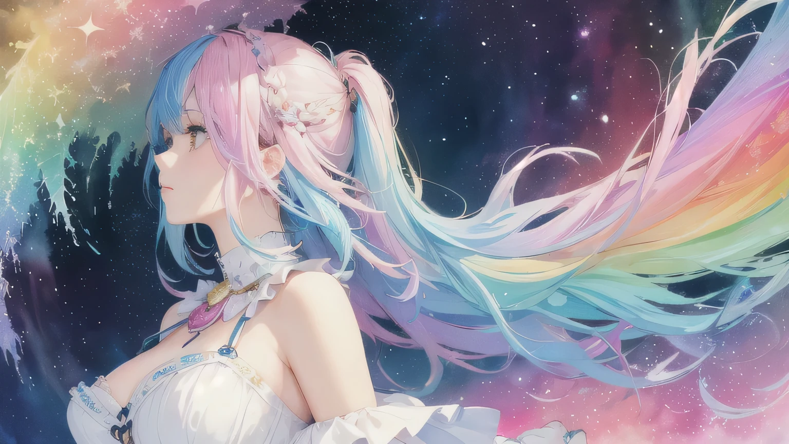 (masterpiece, Highest quality, Highest quality,watercolor (Moderate),Official Art, beautifully、beautiful:1.2),(One Girl:1.3), (Fractal Art:1.3),Upper Body, From the side, View your audience,pattern,(Rainbow Hair,colorful hair,Half blue、Half pink hair:1.2),water,liquid, cloud,colorful, Starry Sky,performer,Large Breasts