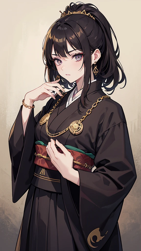 taisho period Japan woman, dark aesthetic, darkwave aesthetic, grunge aesthetic, eerie moorlands behind her, dark aesthetics, eerie thriller aesthetic, dark and moody aesthetic, ominous gothic aesthetic, goth aesthetic, gloomy style, medium length dirty brown hair, kimetsu no yaiba, wearing dark grunge gray clothes, really really short messy hair, gold accents. gold jewelry, gold dangly earrings, gold necklaces, gold bracelets, gold rings muscular, fancy, royalty, queen