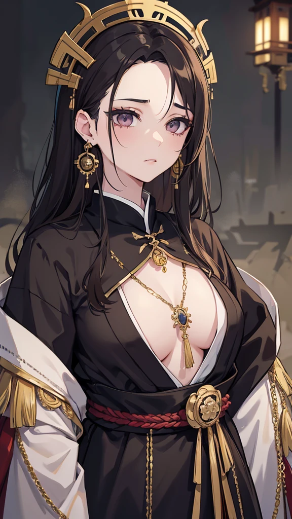 taisho period Japan woman, dark aesthetic, darkwave aesthetic, grunge aesthetic, eerie moorlands behind her, dark aesthetics, eerie thriller aesthetic, dark and moody aesthetic, ominous gothic aesthetic, goth aesthetic, gloomy style, medium length dirty brown hair, kimetsu no yaiba, wearing dark grunge gray clothes, really really short messy hair, gold accents. gold jewelry, gold dangly earrings, gold necklaces, gold bracelets, gold rings muscular, fancy, royalty, queen