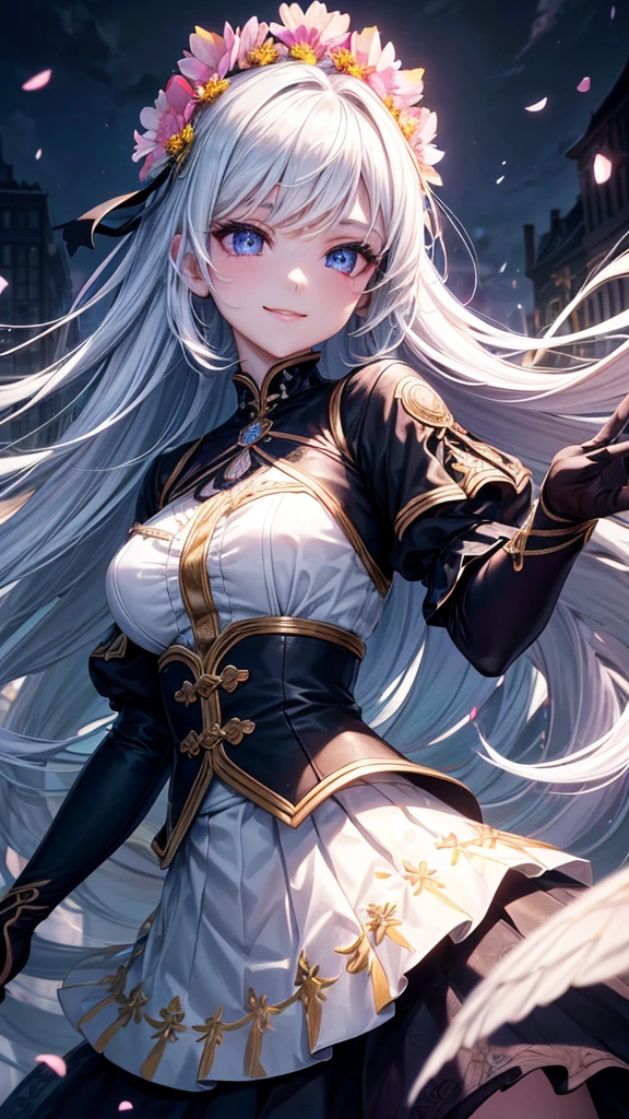 Silver hair, pink eyes, woman, sun and cloud background, pink and gold clothes, hair bows, happy face, gothic outfit, sexy, cat ears, floating butterflies, thigh up, thigh high tights
