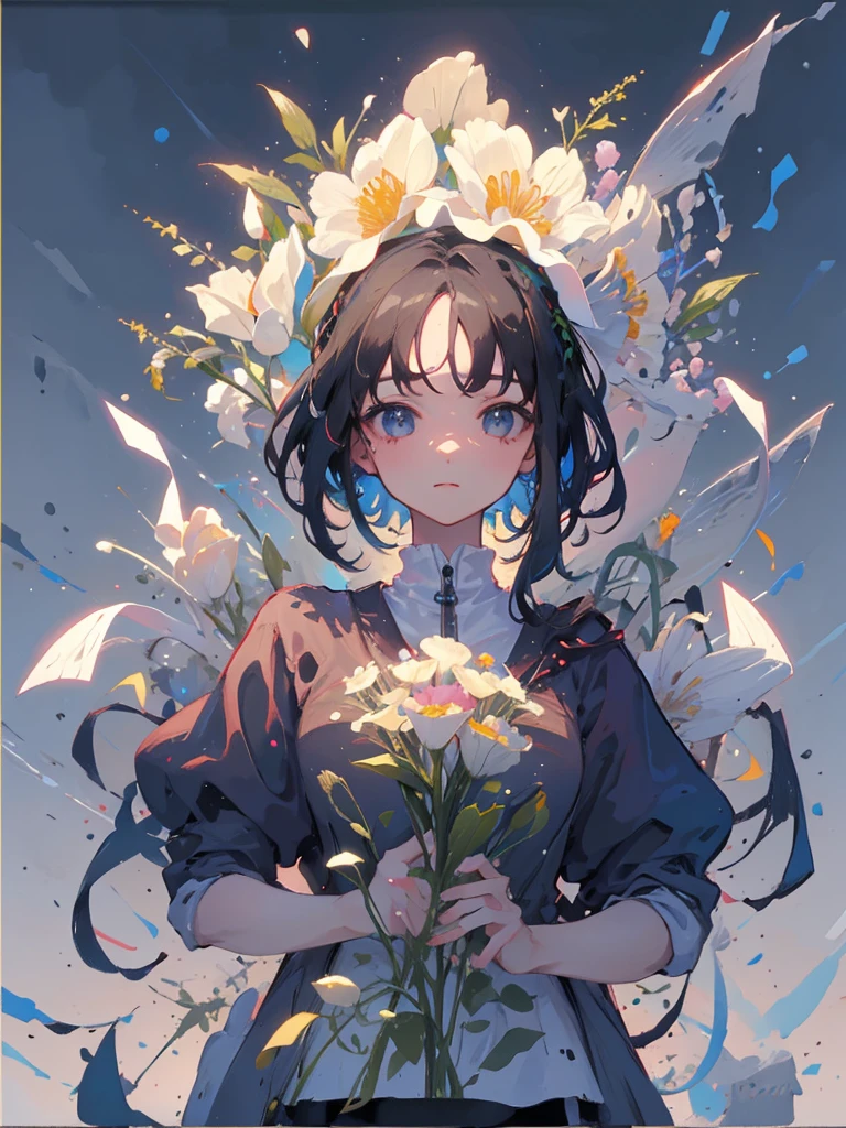 One girl, one person, a masterpiece, high quality, upper body, meadow, looking at the audience, Asha Atugler, flowers, hair flowers, background, simple, black bob hair, Ghibli style,