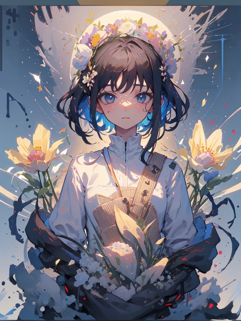 One girl, one person, a masterpiece, high quality, upper body, meadow, looking at the audience, Asha Atugler, flowers, hair flowers, background, simple, black bob hair, Ghibli style,