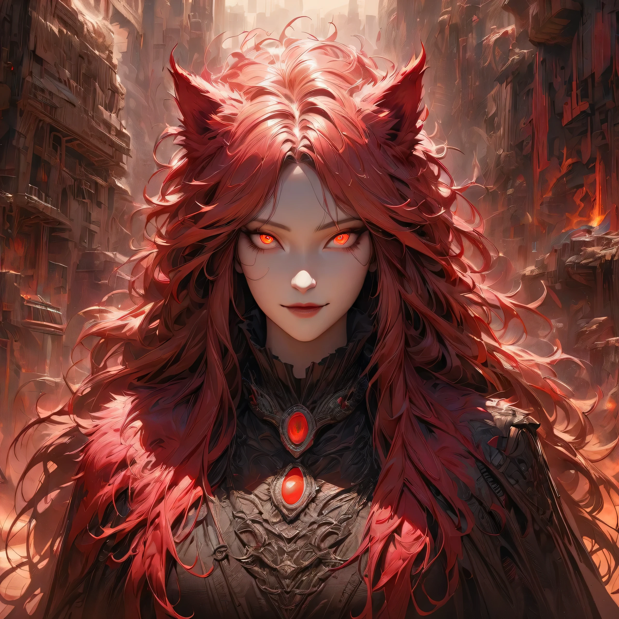Walk in an apocalypse setting, [Best quality, shaded, extreme details, very detailed, ultra detailed, complex, realistic, perfect face], fenrir woman, thick fur, long hair, (flaming red colored fur), almond shaped eyes, discreet smile, serene face, wears a brooch around his neck, demon style clothing.