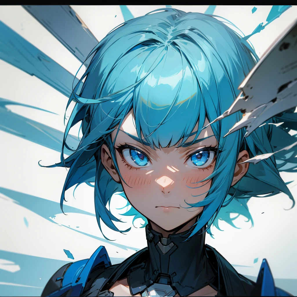 1boy, blue hair, straight bangs, small, thin, neutral expression