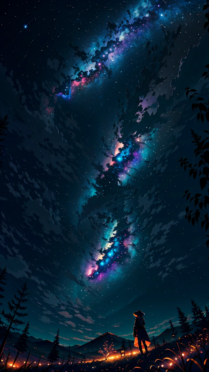 A wide landscape photo, (viewed from below, the sky is above, and the open field is below), a girl standing on a flower field looking up, (full moon: 1.2), (meteor: 0.9), (nebula: 1.3), distant mountains , Trees BREAK Crafting Art, (Warm Light: 1.2), (Firefly: 1.2), Lights, Lots of Purple and Orange, Intricate Details, Volumetric Lighting BREAK (Masterpiece: 1.2), (Best Quality), 4k, Ultra Detailed, (Dynamic Composition: 1.4), Rich in Detail and Color, (Rainbow Color: 1.2), (Glow, Atmospheric Lighting), Dreamy, Magical, (Solo: 1.2)