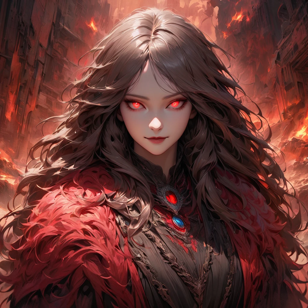 Walk in an apocalypse setting, [Best quality, shaded, extreme details, very detailed, ultra detailed, complex, realistic, perfect face], fenrir woman, thick fur, long hair, (flaming red colored fur), almond shaped eyes, discreet smile, serene face, wears a brooch around his neck, demon style clothing.