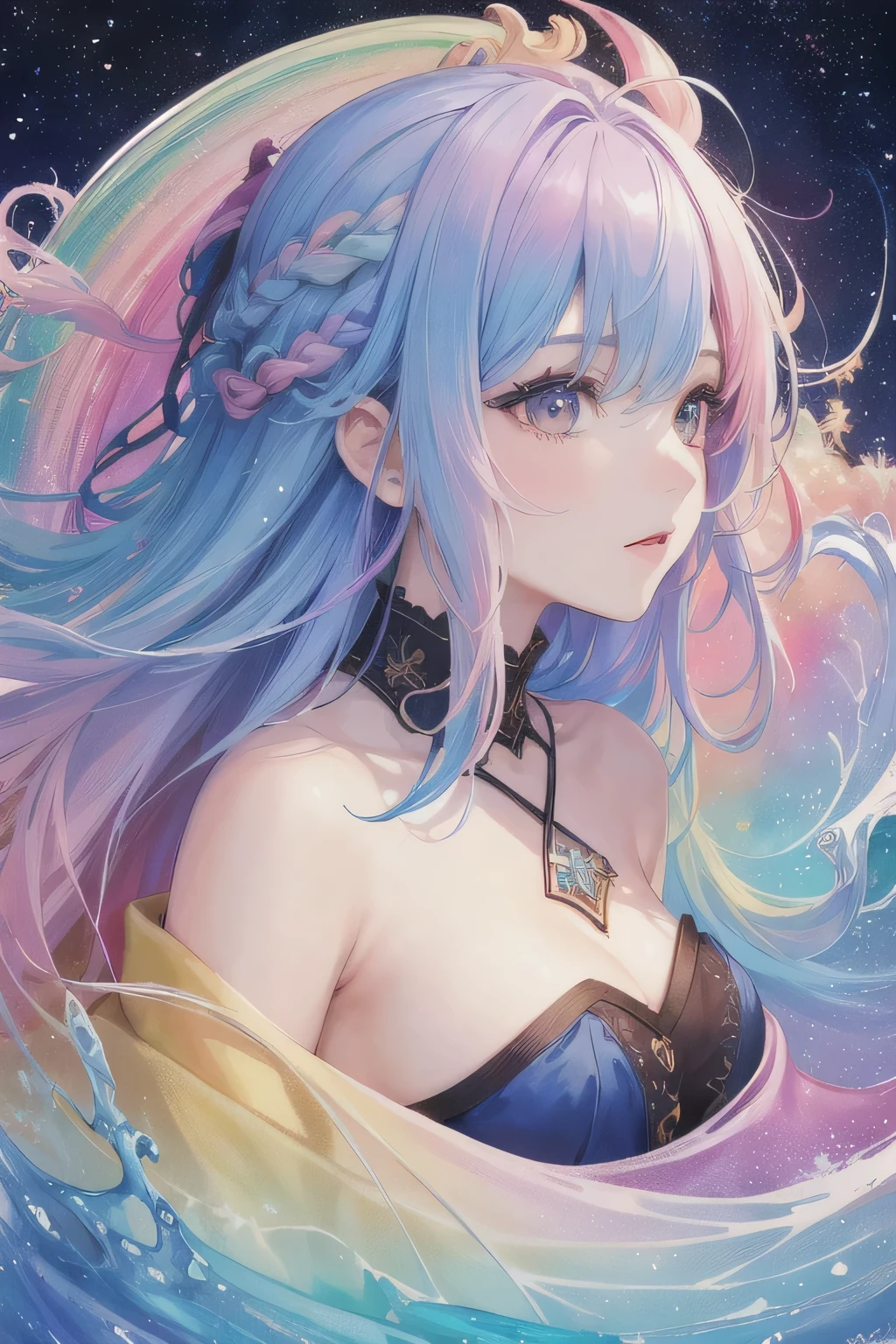 (masterpiece, Highest quality, Highest quality,watercolor (Moderate),Official Art, beautifully、beautiful:1.2),(One Girl:1.3), (Fractal Art:1.3),Upper Body, View your audience,pattern,(Rainbow Hair,colorful hair,Half blue、Half pink hair:1.2),water,liquid, cloud,colorful, Starry Sky,performer,Large Breasts