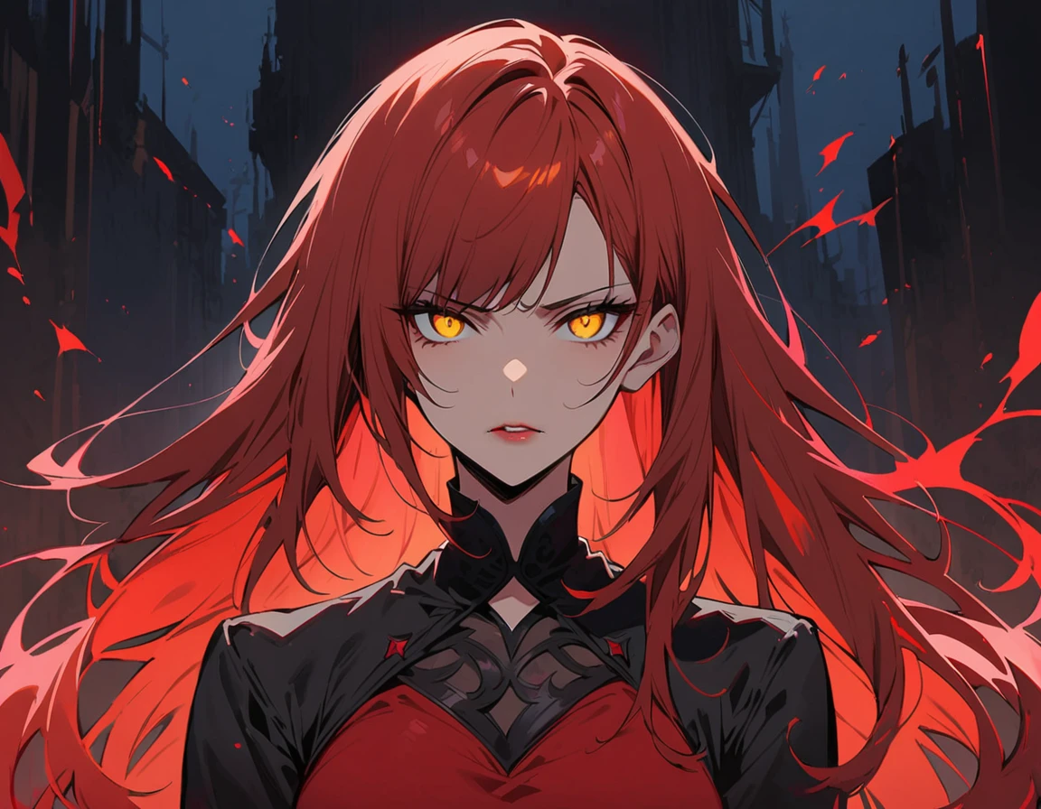 Long red hair, yellow eyes, evil, sexy, black and red clothes, cute hairstyle, evil face, evil, serious look, gloss lips, sinister, front look, bloody, gloves, (((half-body portrait))), beautiful eyes, short dress, big white, dark place, night, sensual, straight hair cut, clear skin, evil, young 30 years girl, adult girl, solo, red, very long hair, (((Older mature woman)))