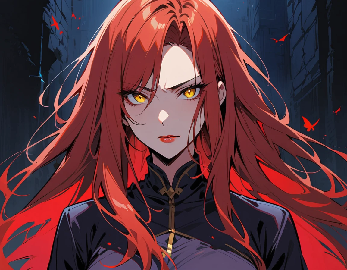 Long red hair, yellow eyes, evil, sexy, black and red clothes, cute hairstyle, evil face, evil, serious look, gloss lips, sinister, front look, bloody, gloves, (((half-body portrait))), beautiful eyes, short dress, big white, dark place, night, sensual, straight hair cut, clear skin, evil, young 30 years girl, adult girl, solo, red, very long hair, (((Older mature woman)))