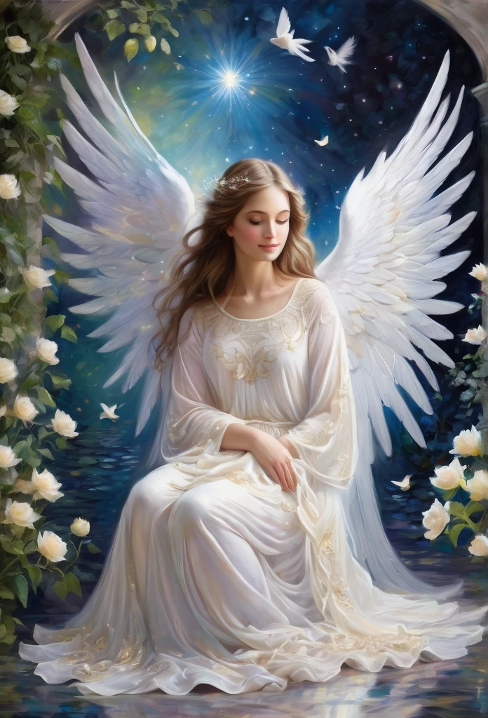  angel, delicate angel wings,knelling on the floor,bright night,holdin a dove,monet style garden Magic background(refined details),(art work),(high quality)