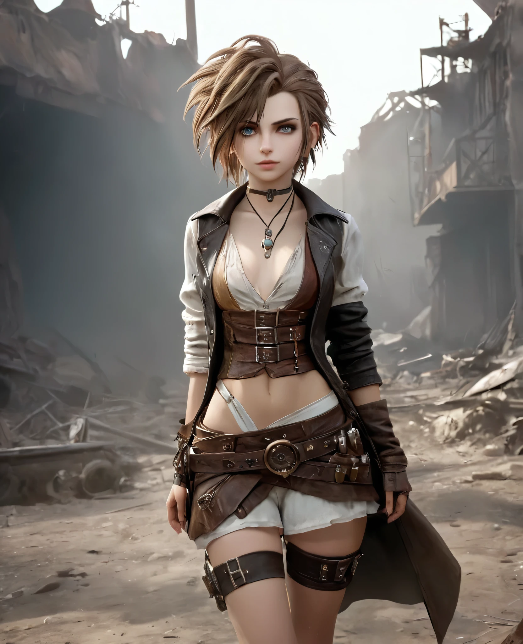 (((high resolution))), (((extremely detailed))), ((masterpiece)), dramatic shadows, depth of field, analog photo style, (world in which are collide steampunk and postapocalyptic vibes), postapocalyptic cute female in steampunk torn dirty clothes, looks like Aerith Gainsborough, depth of field, full body shot, unzoomed, (perfect body: 1.4), (sidecut short hairstyle), (stalking is quite common, although not the best way to make a living), looks interested, stylized atmosphere of unreality, dark aesthetic, dynamic pose, in motion, Armageddon, increase cinematic lighting, highly lifelike skin texture, parted lips, weary eyes, fine eyes, whitened skin, random hair colour, doomsday aura,