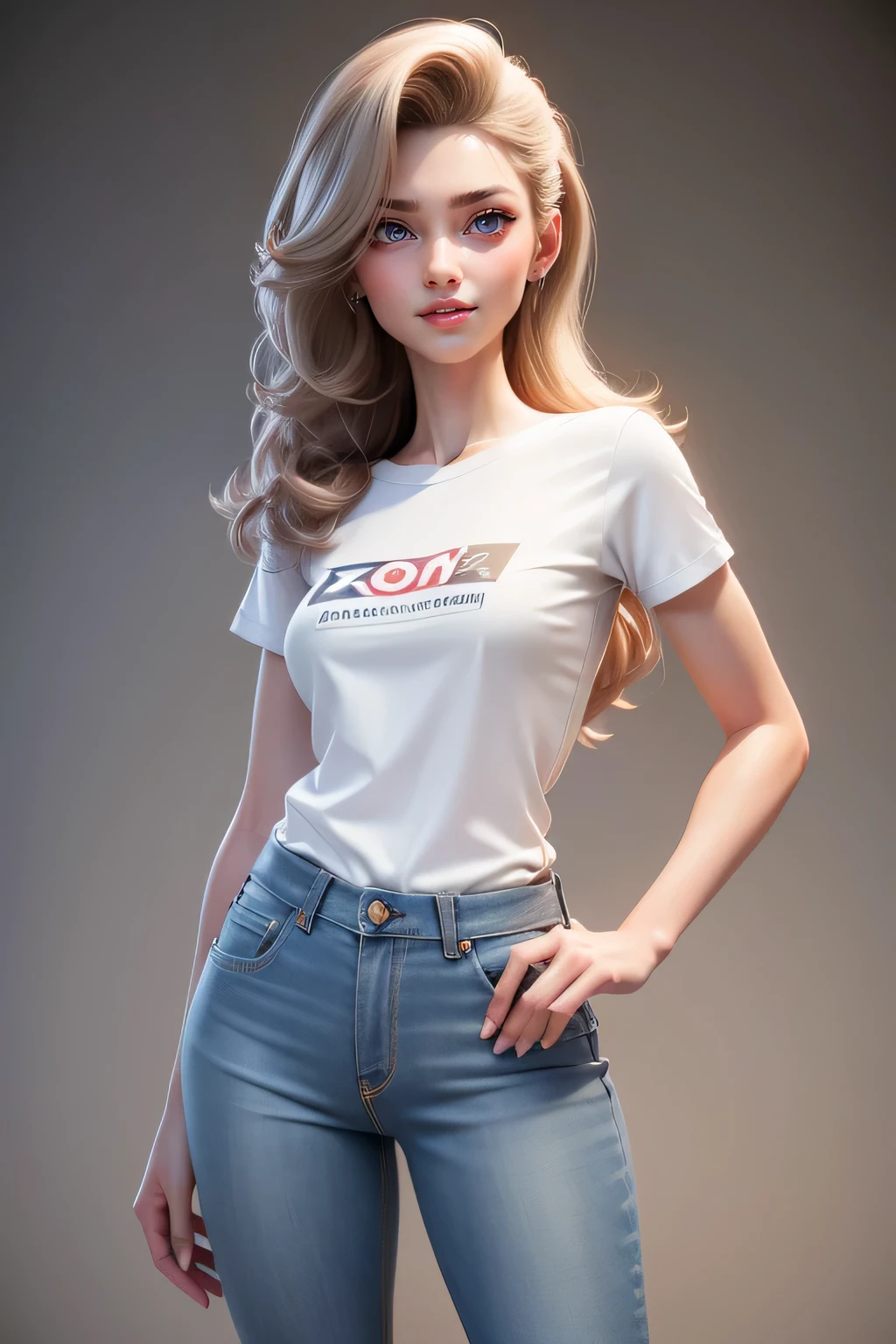 A hyper realistic carricature ,photorealism,of a skinny woman 25 yo.with medium wave hairs,standing.wearing with shirt casual,jeans ,light smile, high detail,3d render,high definition.medium body shot