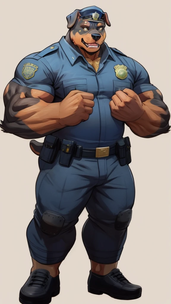 furry, (((rottweiler))), policeman, bare fist fighter, male, big body, muscular, full body, character concept art, simple background