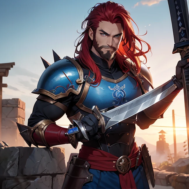 (best high quality image, very detailed graphics, very detailed textures, no deformed parts, no deformities, carefully detailed character, carefully detailed background and scenery, high quality textures, solo character alone, warcraft-aesthetic)
{{(1character: 60 years old male barbarian red haired man),(fair skin, blue eyes with black pupils, scarlet red spiky long hair tied in a tail, scarlet red eyebrows, handsome face, very short chin scarlet hair beard, defiant smile, wise demeanor, offensive position, holding his claymore sword), (blue paladin heavy-armor, armored gauntlets, blue steel breast plate, blue steel armored hips, blue steel long armored boots, golden dragon belt, blue paded shirt under armor, blue pants under armor, ((steel dragon claymore sword))), (celtic training yard)}}