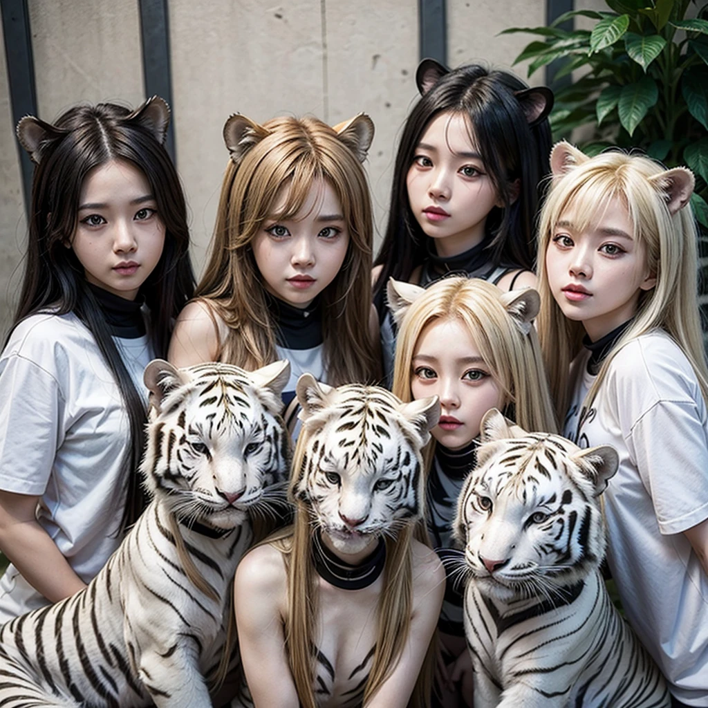 4 girls white tigers kpop group ((animal)) School concept