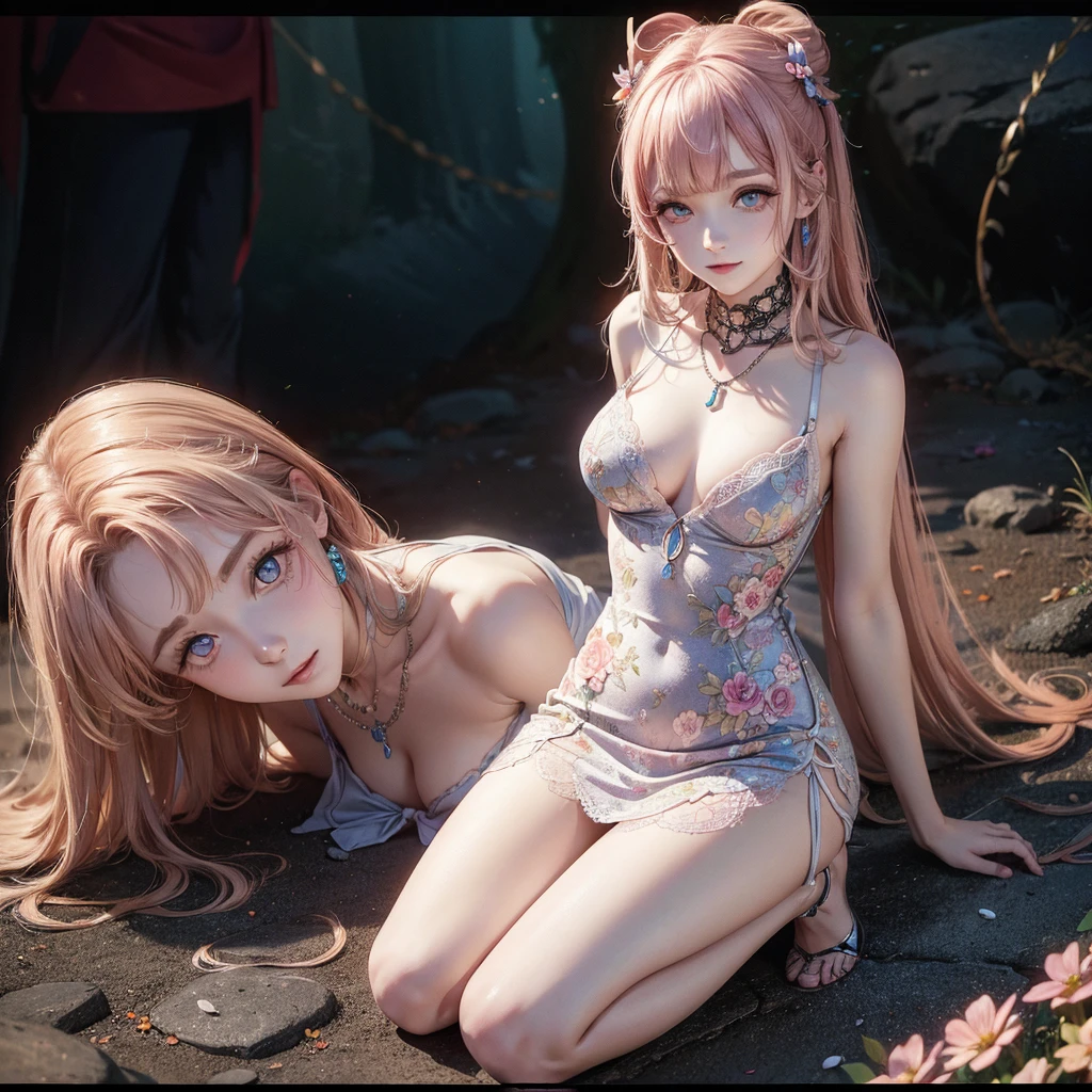 (msterpiece:1.3), (8k, RAW photo, best quality: 1.4), beautiful face, beautiful hairstyle, beautiful detailed eyes, beautiful skin, absurdres, attractive, ultra high res, highly detailed,NSFW, 3 girls in abandoned underground basement, big breast,facial close up,necklace,arms behind back,evil smile,knife,light long hair, ultra detailed skin,Heavy makeup, flower hairpin, naked,colorful patterned lace dress, dirty ground,on a rock,bondage,dirty rock,half body,