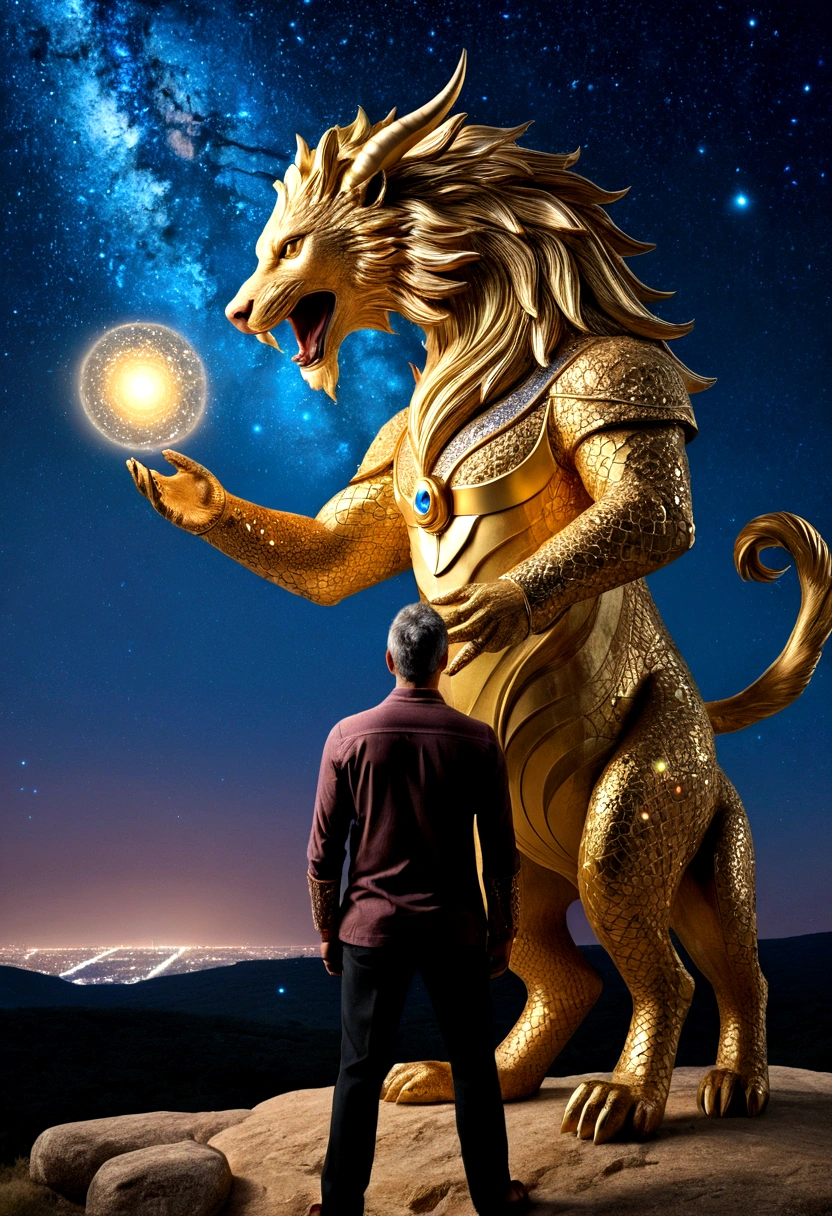 (Astrologer), An astrologer is interpreting fate on a complex star chart, with ancient runes and symbols next to it. The background is a flickering image of a galaxy, full body, (Photography), panoramic view, award-winning, cinematic still, emotional, vignette, dynamic, vivid, (masterpiece, best quality, Professional, perfect composition, very aesthetic, absurdres, ultra-detailed, intricate details:1.3)
