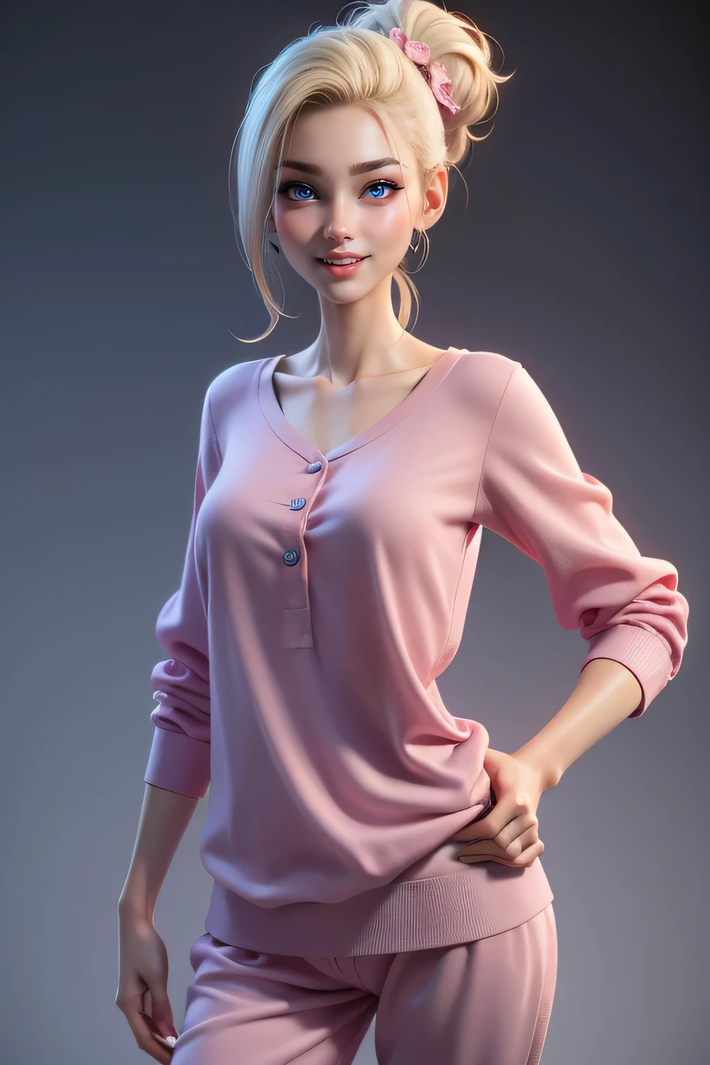 A hyper realistic carricature ,photorealism,of a skinny woman 25 yo.with random hair style,standing.wearing sexy pijama ,light smile, high detail,3d render,high definition