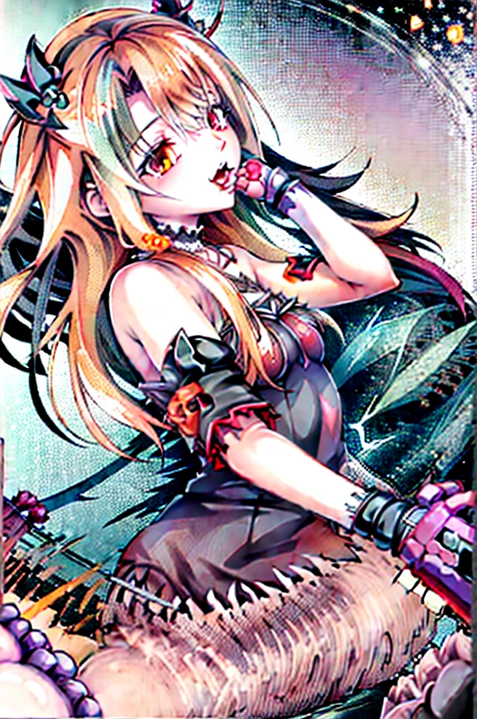 ,huge ,Gothic ta,Garter Straps,Laughing with your mouth open,tooth,vampire,Halloween,Orange Hair,hair ornaments,Heterochromia iridis,Best image quality,Highest quality