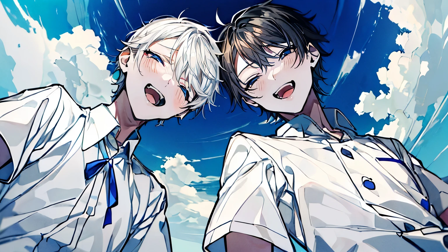 (Mastepiece), (Best Quality), Very detailed, (Two friendly boys:1.5),Shooting from below、Solo Shooting,Perfect Face, Beautiful Face, Very detailed顔,(1 boy with black hair:1.3),(One boy with white hair:1.3)、(short hair:1.3)、(Happy Face:1.4),(Laughing with your mouth open:1.3),(Short-sleeved white shirt:1.4)、(Windになびく髪:1.4),The atmosphere that seems to disappear,(blue sky_cumulonimbus)、summer、ephemeral、Sweat、Wind、sunlight