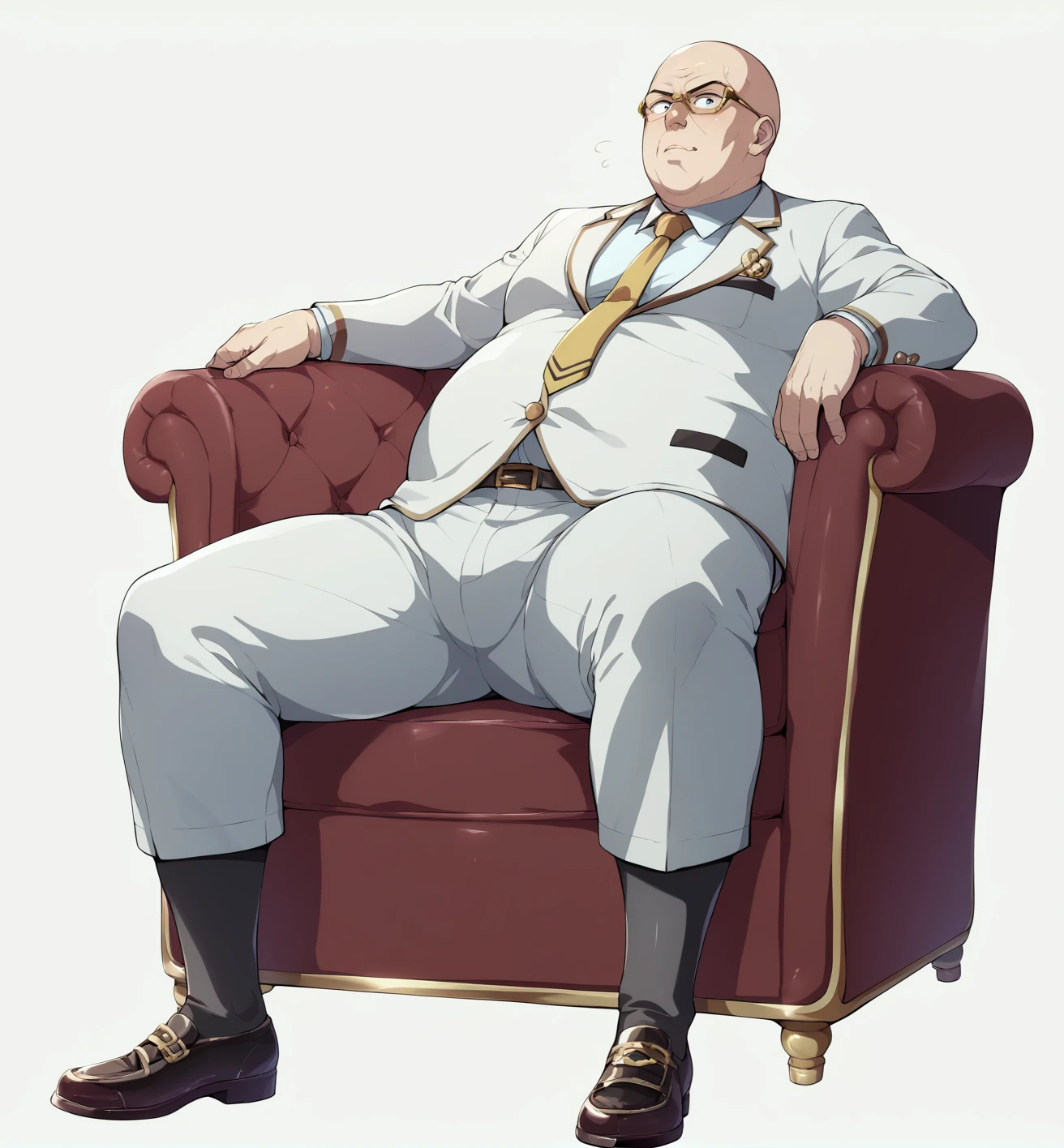 Ultra-detailed illustrations、Ultra-precise expression、masterpiece、Highest quality、ultra High resolution、High resolution、Hiromitsu Takeda Style、White background、Simple Background、sit、whole body、Luxurious sofa、Bulging crotch、Big crotch、White Suit、Black socks、One fat old man、Bald Head、No Face、solo、Leather shoes、White jacket、Gold tie、