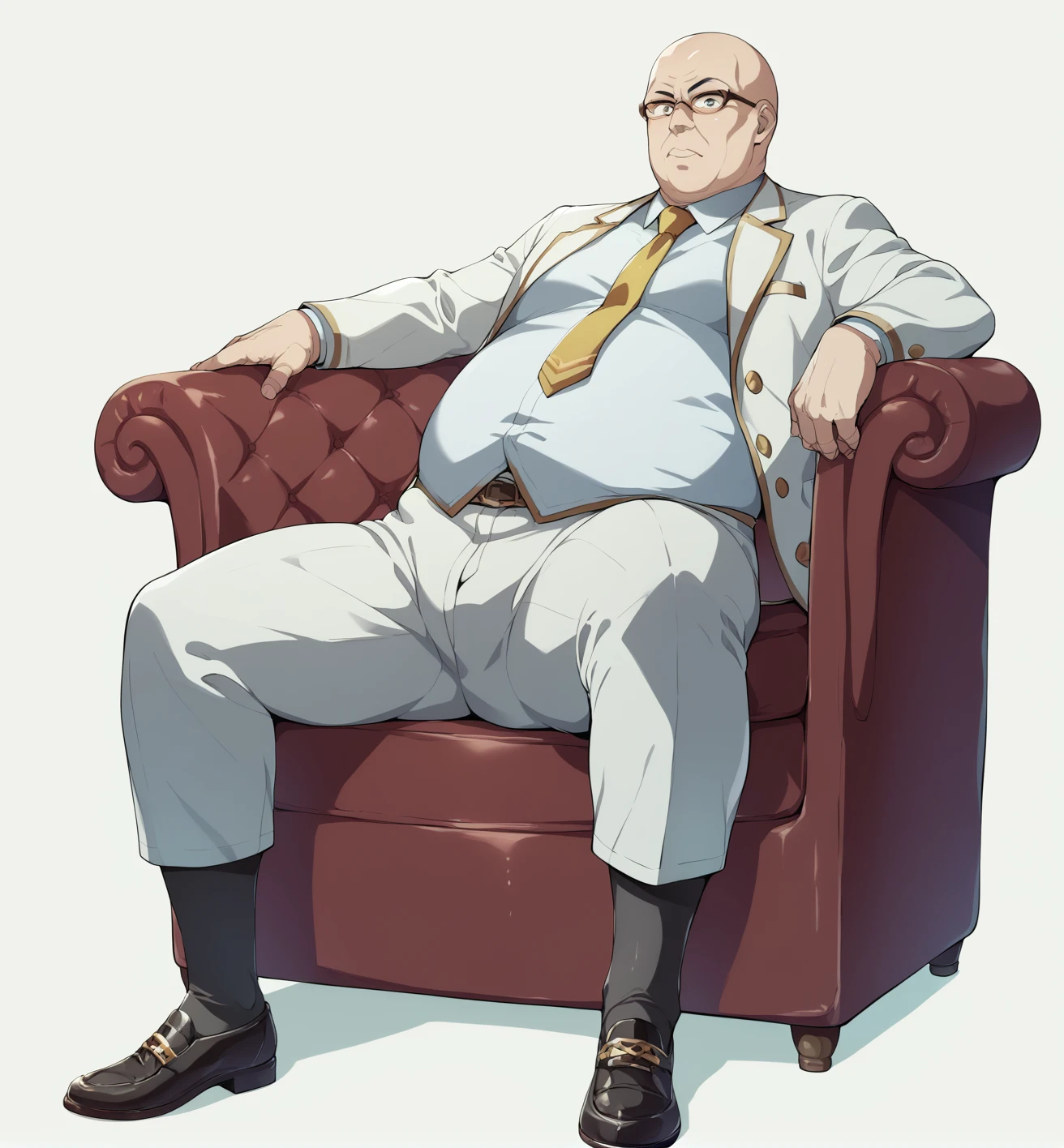 Ultra-detailed illustrations、Ultra-precise expression、masterpiece、Highest quality、ultra High resolution、High resolution、Hiromitsu Takeda Style、White background、Simple Background、sit、whole body、Luxurious sofa、Bulging crotch、Big crotch、White Suit、Black socks、One fat old man、Bald Head、No Face、solo、Leather shoes、White jacket、Gold tie、
